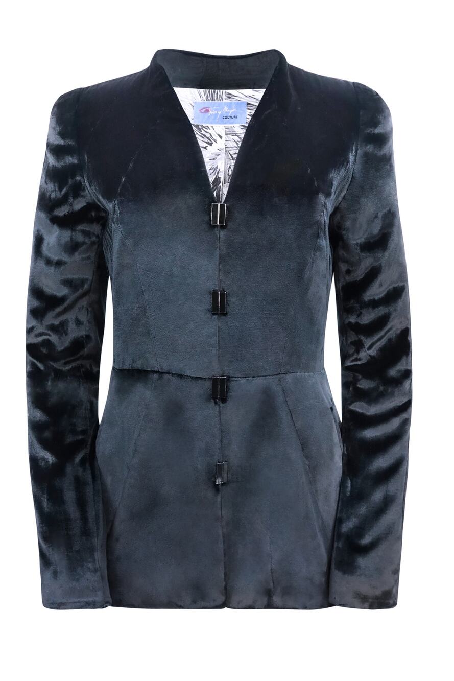 Thierry Mugler Vintage 1990s Couture Navy Velvet Jacket with Shoulder Pads